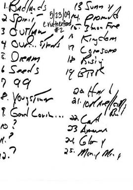 Handwritten setlist for the 23 May 2009 show at Izod Center, East Rutherford, NJ