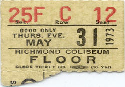 Ticket stub for the 31 May 1973 show at Richmond Coliseum, Richmond, VA