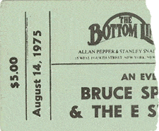 Ticket stub for the 14 Aug 1975 show at Bottom Line, New York City, NY