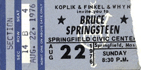 Ticket stub for the 22 Aug 1976 show at Springfield Civic Center, Springfield, MA