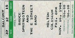 Ticket stub for the 16 Nov 1984 show at Iowa State University, Ames, IO