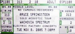 Ticket stub for the 08 Nov 2005 show at Wachovia Spectrum, Philadelphia, PA