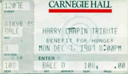 Ticket stub for the 07 Dec 1987 show at Carnegie Hall, New York City, NY